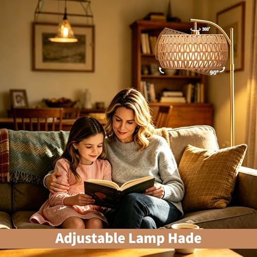 Gold Floor Lamps for Living Room, Arc Floor Lamp with Remote & Dimmable Bulb, 3 Color Temp Boho Standing lamp with Rattan Cage Shade, Height Adjustable Tall Lamp for Bedroom Corner - Image 5