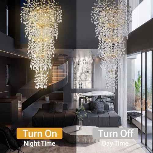 118'' Long Chandelier for High Ceiling, 28-Light Luxury Gold Tree Branch Crystal Chandelier, Large Chandeliers for High Ceilings Staircase Foyer Entryway, 5-Tier Modern K9 Crystal Raindrop Fixture - Image 6