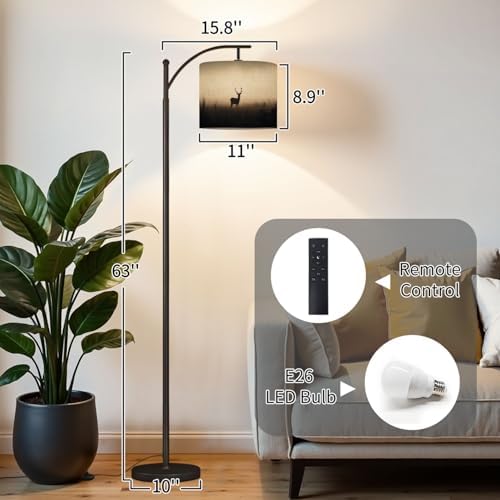 Arc Floor Lamp Silhouette Deer Big Antlers Foggy Dimmable Modern Standing Lamp with Remote Adjustable Drum Shade Footswitch Tall Pole Lamp for Living Room Bedroom - Image 2
