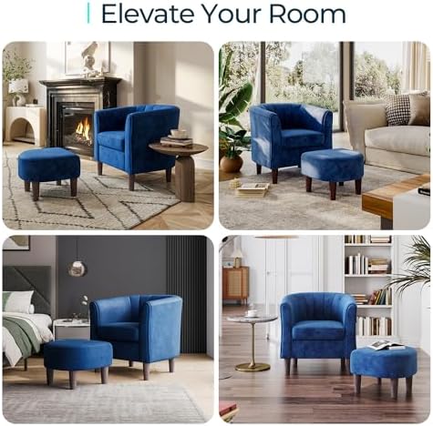 LINSY Accent Chair with Ottoman, Modern Armchair Comfy Barrel Reading Chair with Footrest for Living Room Bedroom Reading Room, Velvet, Blue - Image 6