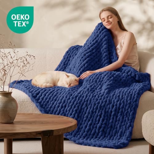 L'AGRATY Chunky Knit Throw Blanket for Couch, 50 x 70 Inches, Dark Blue - Image 2