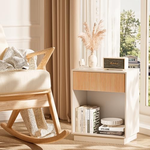 Fluted Nightstands Set of 2, Night Stand with Charging Station, Modern Bed Side Table with Drawer and Storage Shelf, Wood Mid Century End Table for Bedroom Living Room (White&Oak) - Image 2