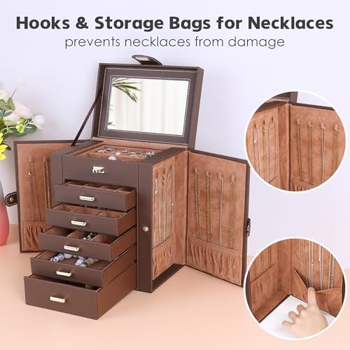 Kendal Jewelry Box, 6-Layer Jewelry Storage Organizer for Necklace Bracelet Rings Watch, 10.2"x8.2"x6" Classic Brown PU Leather 5 Drawers Large Storage Capacity with Mirror - Image 4