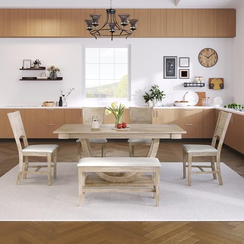 LUMISOL 6-Piece Dining Table Set for 6, Farmhouse Kitchen Dining Room Table Set with Recantgle Table and Upholstered Bench and Chairs, Light Natural - Image 2