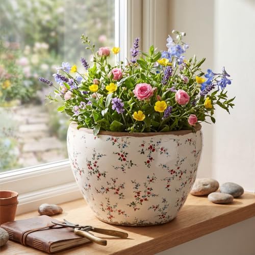 Geetery 10" Large Country Ceramic Pots Beige Vintage Floral Planters Decorative Plant Pot Wide Mouth with Drainage Hole for Indoor Outdoor Orchid Houseplant Home Office Shelf Table Decor Gift - Image 4