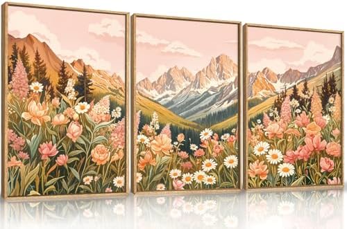 LHIUEM Large Abstract Colorful Mountain Framed Canvas Wall Art,Boho Pink Flower Wall Decor, Nature Wildflower Wall Painting,Bohemian Artwork for Living Room,Bedroom,Dining Room,Office -16"x24"x3 by LHIUEM