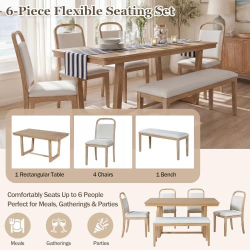 VilroCaz 6-Piece Dining Table Set, Solid Wood Rectangular Kitchen Table with 4 Upholstered Chairs & 1 Bench, Seats for 6 (Natural-6.17) - Image 4