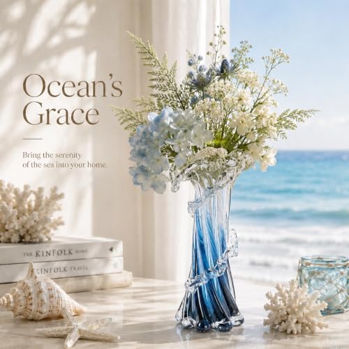 12" H Blue Blown Glass Vase, Modern Art Hand Blown Coastal Vase,Beautiful Unique Ocean Wave Centerpieces for Living Room, Bedroom, Office Desktop,Coffee Table and Wedding Decorative (L) - Image 2