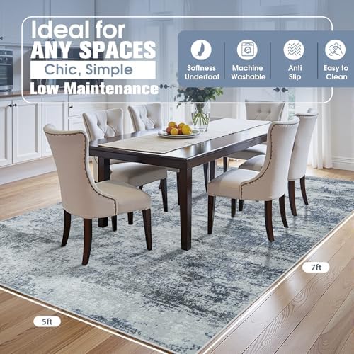 5x7 Area Rugs for Living Room Washable Bedroom Dining Room Blue Grey - Image 2
