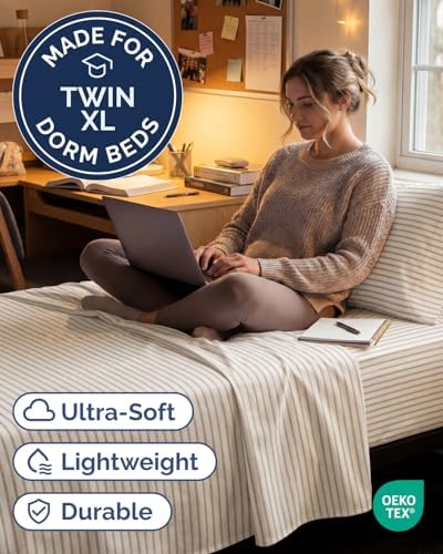 Twin XL 3 Piece Sheet Set - College Dorm Room Essentials - Beige Stripes - Image 2