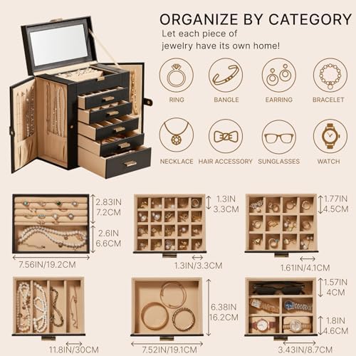Large Leather Jewelry Box for Women, Mirror, 6 layer, Black - Image 3