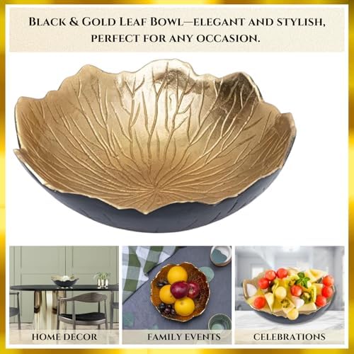 Leaf Bowl for Serving Fruits, Appetizers - Black & Gold - Elegant Home Decor Centerpiece Serveware Charcuterie Catchall Vanity Dish For Entertaining, Wedding 9" D 3" H - Image 2