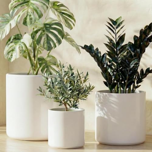LE TAUCI 10+8+6 Inch Ceramic Pots for Plants, Indoor Planters with Drainage Hole and Plug, Modern Cylinder Flower Pots Set of 3 for Living Room and Bedroom, Satin, White by LETAUCI