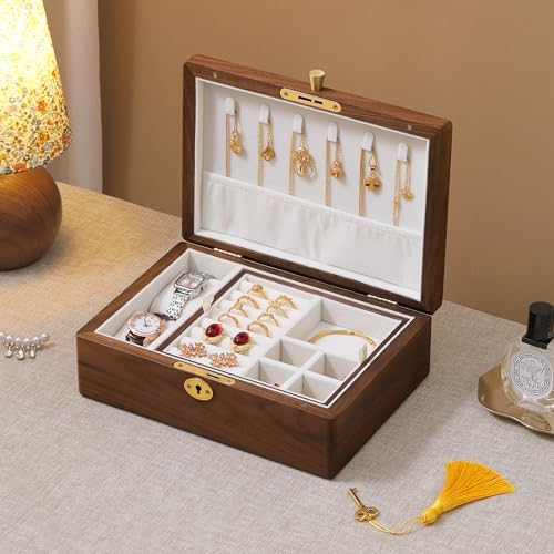 Black Walnut Wooden Lockable Jewelry Box, 2 Layer Organizer Case for Women - Image 2