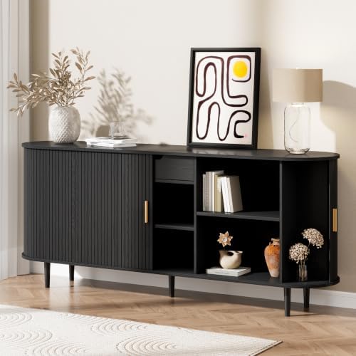 71" Sideboard Buffet Cabinet with Storage,Large Credenza with Sliding Doors and 1 Drawer,Mid Century Modern Coffee Bar Cabinet with Adjustable Shelves for Dining Room, Kitchen, Living Room (Black) by DHHFurnitureBuyNow