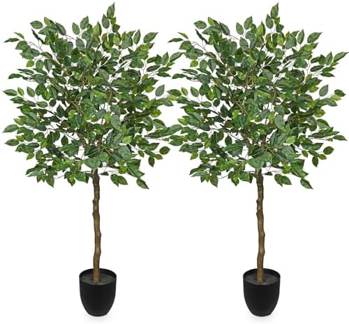 4Ft Ficus Tree Artificial Plants Indoor with Realistic Trunk, 2Pack Tall Fake Potted Tree Faux Floor Plant, Artificial Tree in Pot for Home Living Room Office Bedroom Corner Decor(Green) by GnFlus