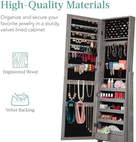 Best Choice Products Freestanding Jewelry Armoire Cabinet, Full Length Standing Mirror, Lockable Makeup Storage Organizer, w/Velvet Lining, 3 Angles, Lock, Accessory Pouch, 5 Shelves - Gray Oak - Image 5