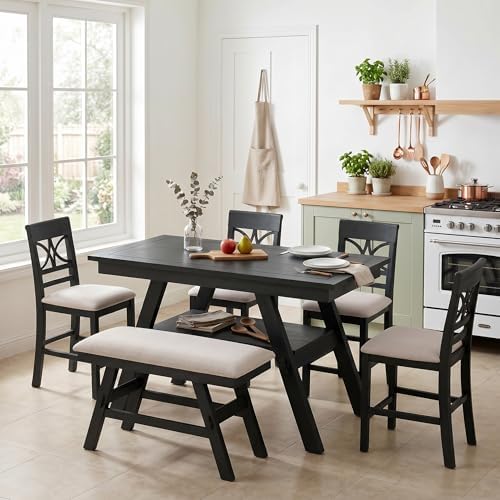 Heavy Solid Wood 6-Piece Counter Height Dining Table Set, Farmhouse Rustic Kitchen Dining Room Table Set with Padded 4 Chairs and Bench, 60 In Triangular Table with Storage Shelf (Espresso-T) - Image 2