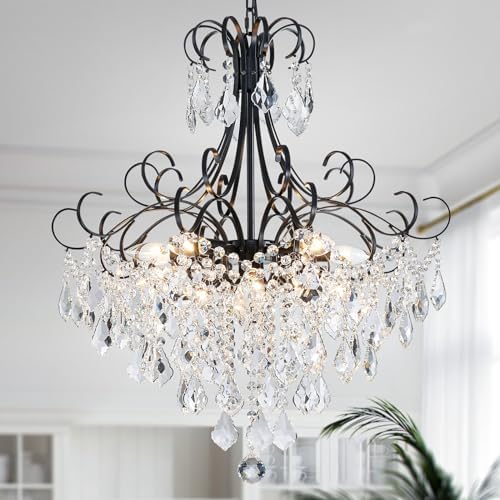 WUZUPS Crystal Chandelier 10-Light Pendant Ceiling Light Modern Lighting Fixture for Dining Room Hallway Bedroom Kitchen Bathroom, H 27.6" x W 22.8", E12 Base, Black by WUZUPSNEWARRIVALCHANDELIERS