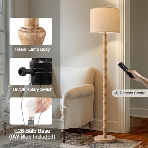 BOBOMOMO 62" Rustic Farmhouse Floor Lamp with Remote & Dimmable 9W Bulb, 3 Color Temperatures Resin Standing Lamp, Retro Corner Tall Lamp for Living Room, Bedroom, Nursery, Office, Reading Nock - Image 2
