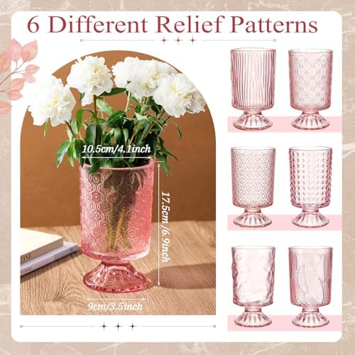 6 Pcs (H:7" W:4") Embossed Flower Vase Pedestal Glass Vase, Pink - Image 2