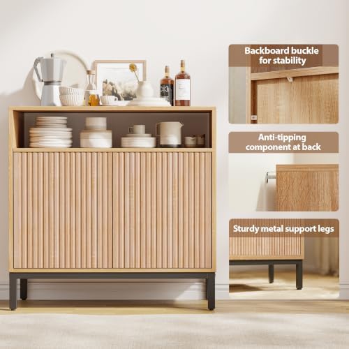 Mericonia 30 Inch Fluted Buffet Cabinet with Open Storage, Modern Sideboard with Doors & Adjustable Shelf, Accent Credenza Coffee Bar for Kitchen, Dining Room, Living Room, Entryway - Image 4