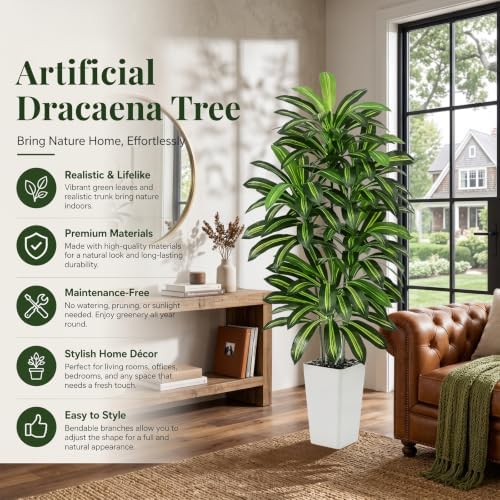 Artificial Dracaena Tree 5FT / White Planter, Tall Plants Indoor - Image 2