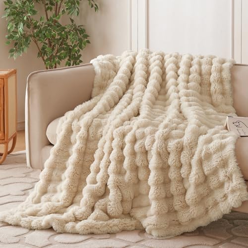COOVA Soft Bubble Faux Fur Throw Blanket, 60"x80", Light Taupe by COOVA