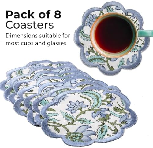 Ridhi 8-Pcs 100% Cotton Hand Block Print Drink Coasters 5" in Columbia Blue - Image 2
