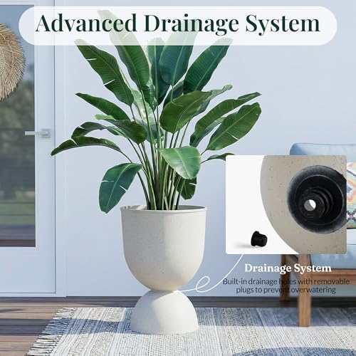 KOL 15 Inch Tall Planters, Beige Plastic Urn Planters, 2 Pack - Image 3