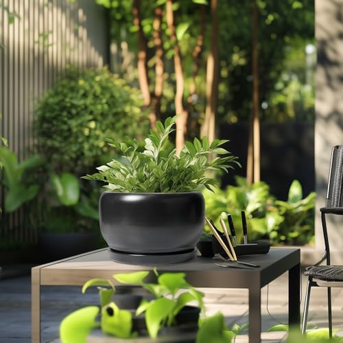 SQOWL Ceramic Flower Pot - 10 Inch Planter with Drainage Hole and Saucer, Modern Large Plant Pot Indoor Outdoor, Decorative Round Planter, Bedroom Decor, Gifts for Plant Lovers, Black - Image 5