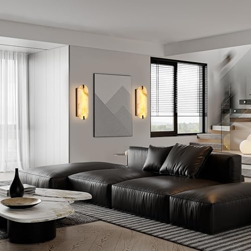 14.17in Alabaster Wall Sconces, Natural Marble Wall Light, Modern LED Alabaster Sconces for Living Room Indoor Wall Lamps for Dining Room Stairs Bedroom,Black - Image 2