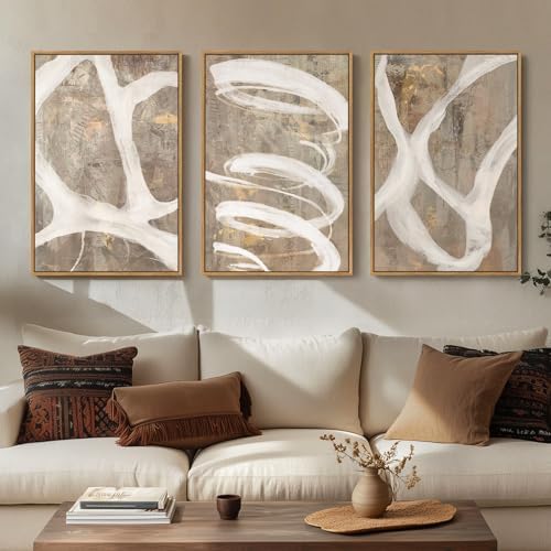 Large Framed Abstract Wall Art, Set of 3, Beige Taupe White, 20x30 In by Cuspin
