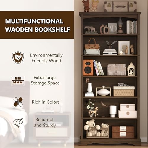 TVU 6-Tier Wooden Bookshelf, 76 Inch Tall Bookshelf with Storage, Floor Standing Modern Style Display Bookcase for Living Room, Office, Study Room, Entryway, Brown - Image 4