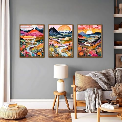 Floating Framed Boho Colorful Wall Art, Abstract Watercolor Mountain Landscape Wall Decor Painting Set of 3, Modern Flower Aesthetic Posters Prints for Living Room Bathroom Bedroom 12x16 Inch - Image 7