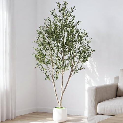 7FT Artificial Olive Tree Indoor with White Pot Tall Planter, Faux Olive Tree with Natural Wood Trunk and Lifelike Fruits for Home Office Living Room Decor - Image 7