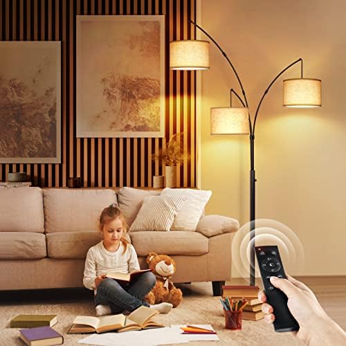 OUTON Arc LED Floor Lamp with Remote Control, Dimmable Modern Black 3 Light Arched Tall Floor Lamp, Mid Century Adjustable Standing Corner Lamps for Bedroom, Office, Living Room, Beige Lampshade - Image 6