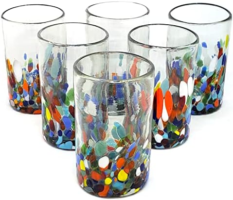 Clear & Confetti 14 oz Drinking Glasses (set of 6), Recycled Glass, Lead-free, Toxin-Free (Drinking) by MexHandcraft