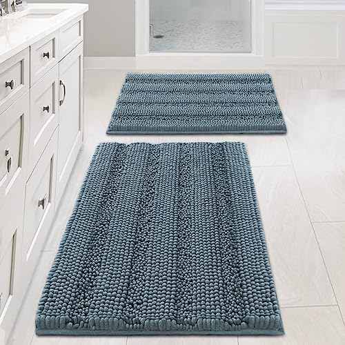 Non Slip Thick Shaggy Chenille Bathroom Rug Mat Set Extra Soft and Absorbent Striped Floor Rugs, 2 Piece, Machine-Washable by HVERSAILTEX