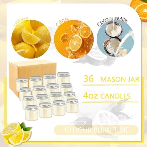ACITHGL 36 Pcs 4oz Mini Mason Jar Candles Small Scented Candles Bulk Aromatherapy Ideal Souvenir Favors for Wedding Birthday Party (Lemon, Citrus, Coconut Milk, Silver) - Image 3