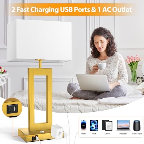 Table Lamps for Bedrooms Set of 2, 27.2’’ Super Tall Modern Gold Lamps for Living Room Nightstand End Tables, Button Touch Control Bedside Lamps with 2 USB Ports, 3 Color Temp. E26 Bulbs Included - Image 5