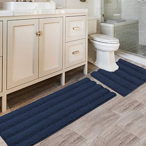 H.VERSAILTEX Bathroom Rugs Bath Rug Set 2 Piece Bathroom Contour Rug Toilet Mat Sets Non Slip Contour Bath Rug Ultra Thick Water Absorbent Striped Bath Mats Washable(47" x 17" Plus 20" x 20" U, Navy) by HVERSAILTEX