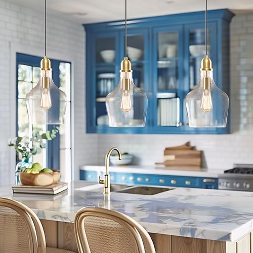 Ink+Ivy Auburn Pendant Kitchen Lighting for Dining Room, Industrial Lights, Hand-Blown Glass Bell Shaped Pendant Light for Kitchen Island, Foyer, Bedroom, 13" Dia x 95.5" H, Gold/Clear - Image 7