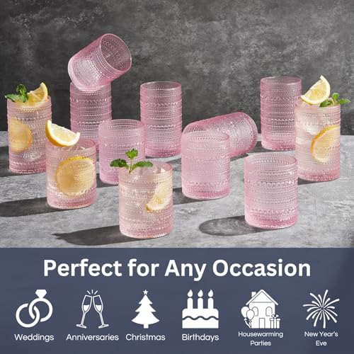 Khen Hobnail Beaded Highball Drinking Tumbler Glasses | Set of 12 | Pink Blush Color, Vintage Bubble Design Whiskey Glassware, Old-Fashioned, Embossed Design for Water, Wine, Cocktail, Rocks Glass - Image 2