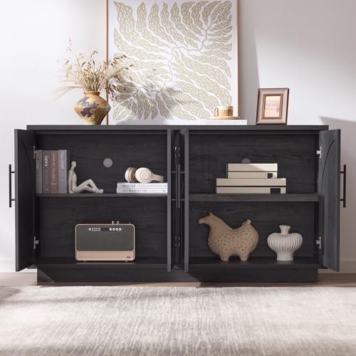 Fatmok 2-Piece Buffet Cabinet Set, Glass Display Cabinet & Solid Storage Cabinet Combo, 59” Modern Sideboard with Adjustable Shelves for Dining Room Living Room Entryway (Black Grey) - Image 5