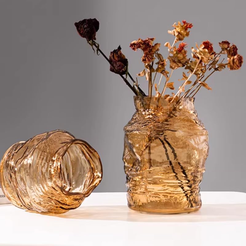 Handmade Glacier Patterned Glass Vase with Simple Style Irregular Shape and Innovative Home Decoration (Yellow 9in) - Image 6