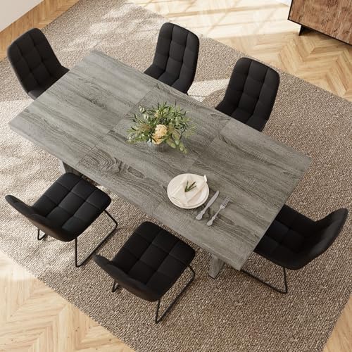 HIPIHOM 7-Piece Dining Table Set for 6, Grey Table with 6 PU Black Chairs - Image 7