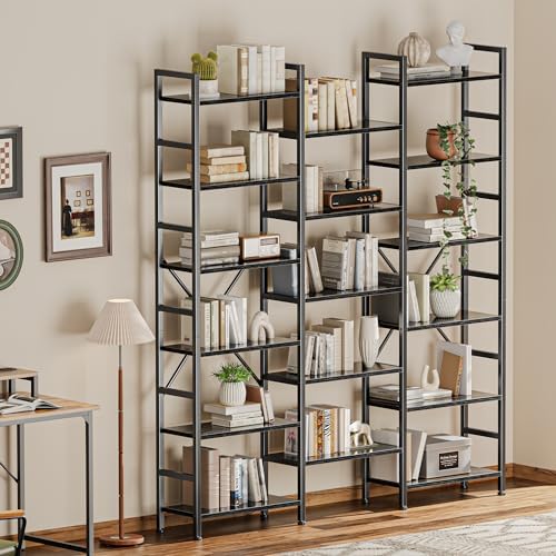 SUPERJARE Triple Bookshelf, Bookcase with 17 Open Display Shelves, Wide Book Shelf Book Case for Home & Office, 6 Tier, Black, ABC003B - Image 5