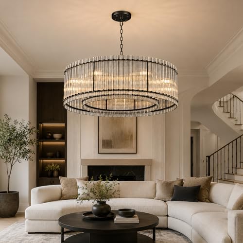 48-Inch Ripple Glass Chandelier, 2-Tier 10-Light Large Black Round Chandelier for Dining Rooms, Living Rooms, Foyers, Staircases, Open-Concept Spaces & High Ceiling - Image 3