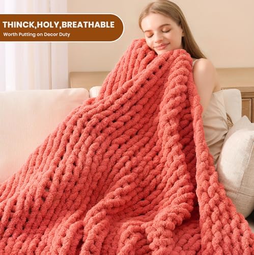 L'AGRATY Chunky Knit Throw Blanket for Couch, 50 x 60 Inches, Coral Pink - Image 4
